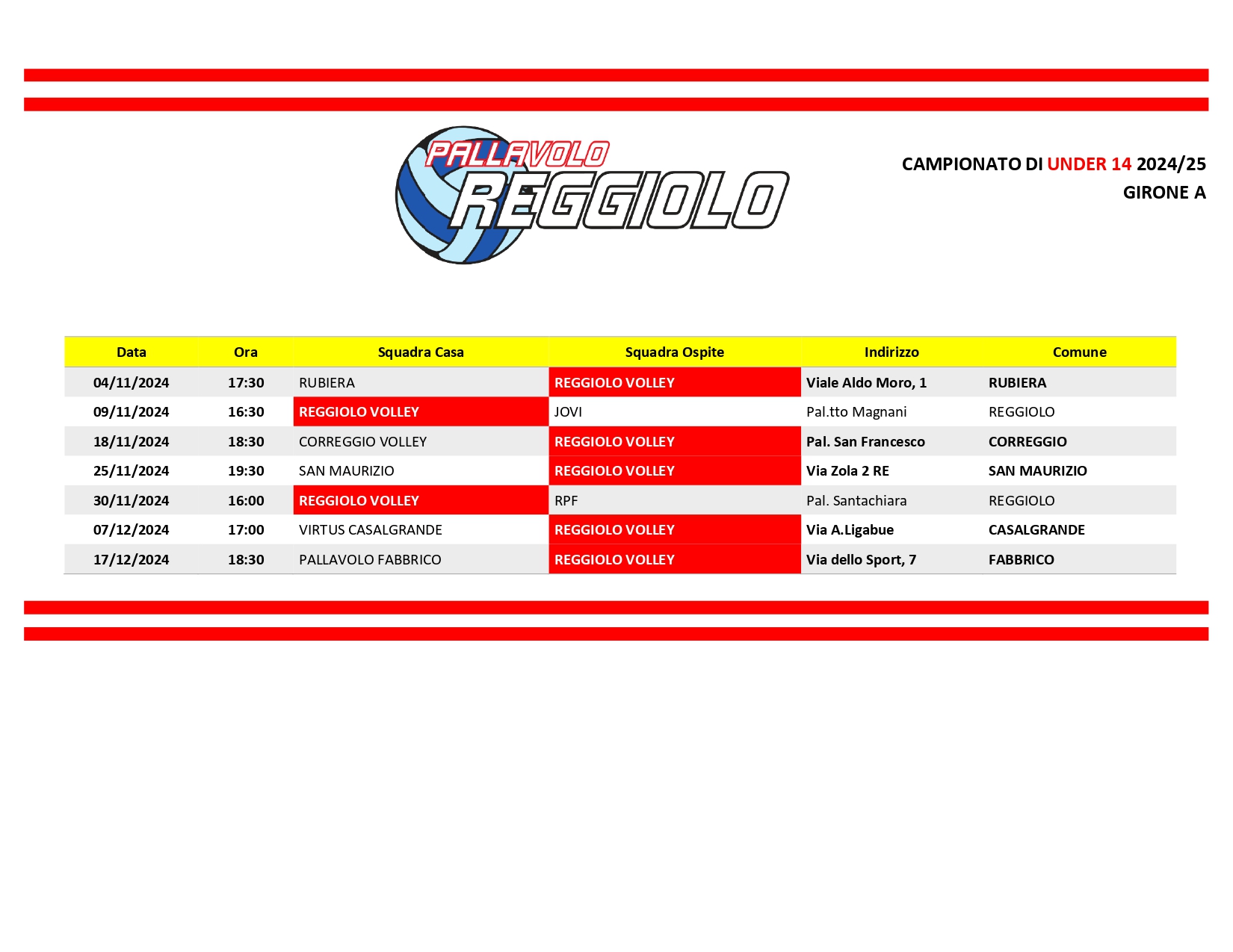 Calendario Under 14