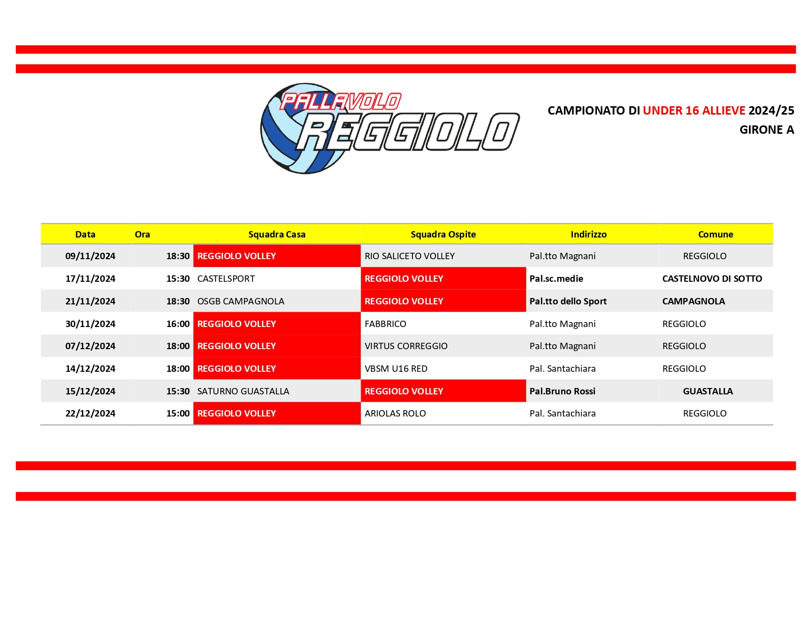 Calendario Under 16