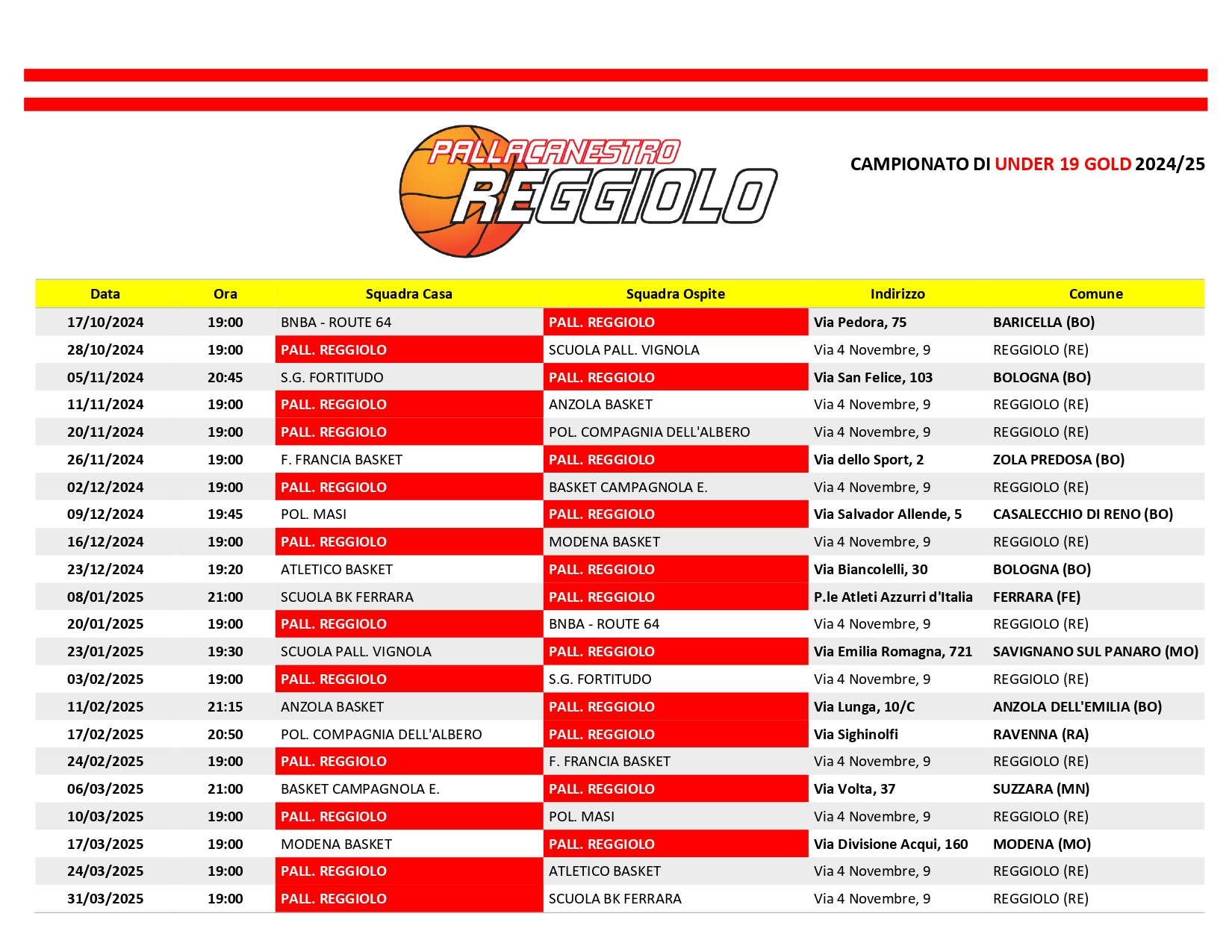 Calendario U19